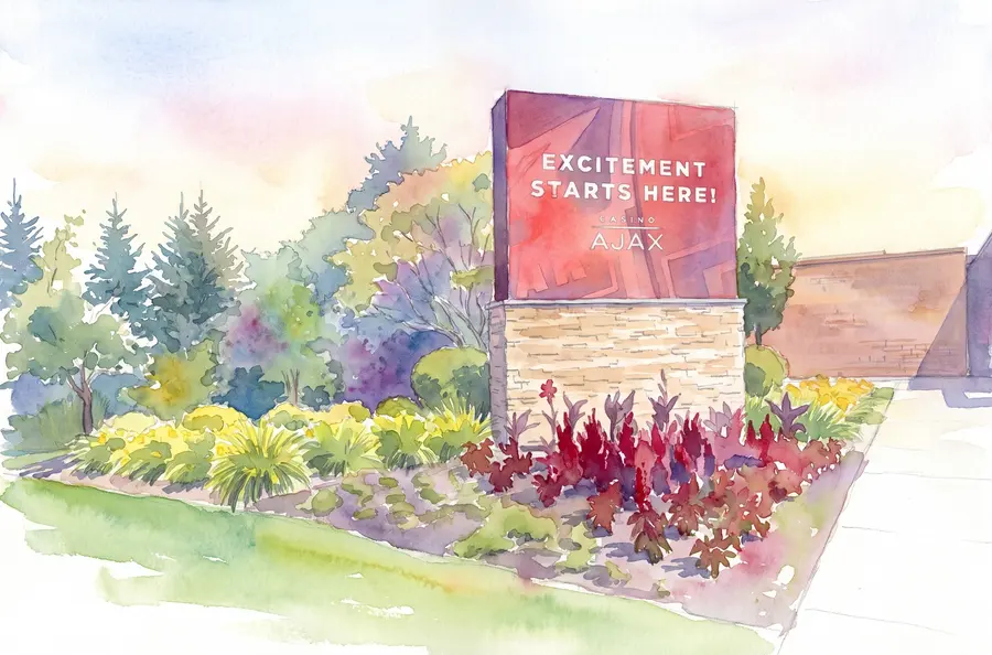 Watercolour of the red Casino Ajax pylon